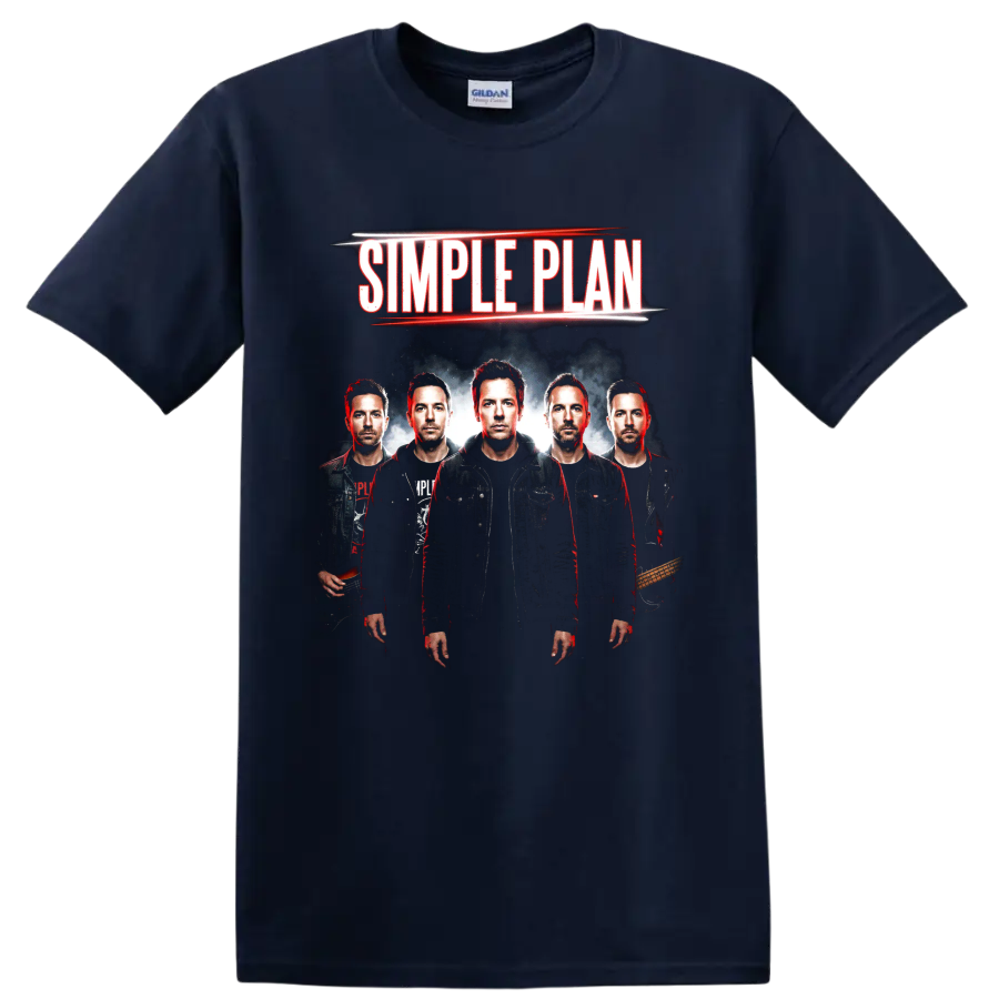 Simple Plan band members pop punk portrait with bold lettering on a Navy (Blue) T Shirt