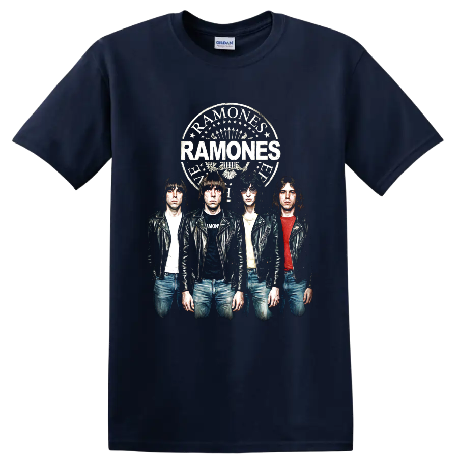Ramones punk rock band portrait with distressed vintage crest on a Navy (Blue) T Shirt
