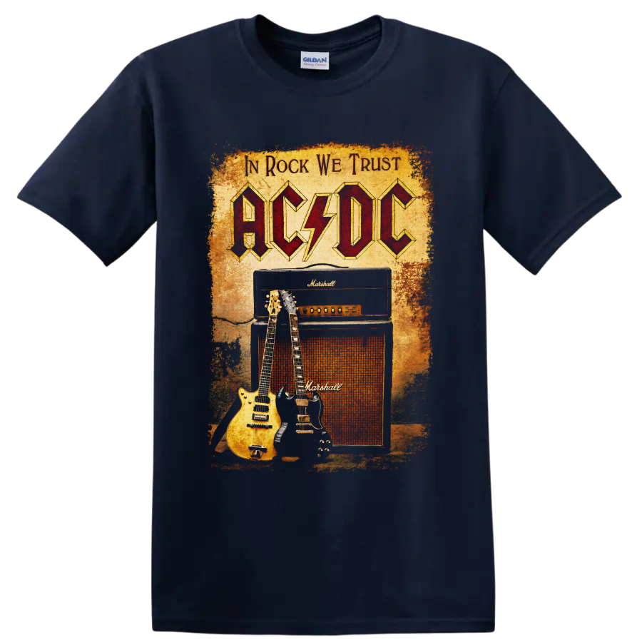 AC/DC vintage rock graphic with guitars and Marshall amplifier on a Navy (Blue) T Shirt