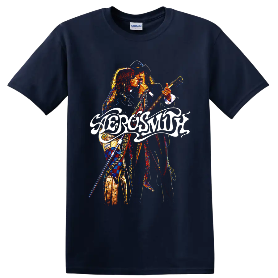 Aerosmith rock concert graphic with singer, guitarist, and flowing logo on a Navy (Blue) T Shirt