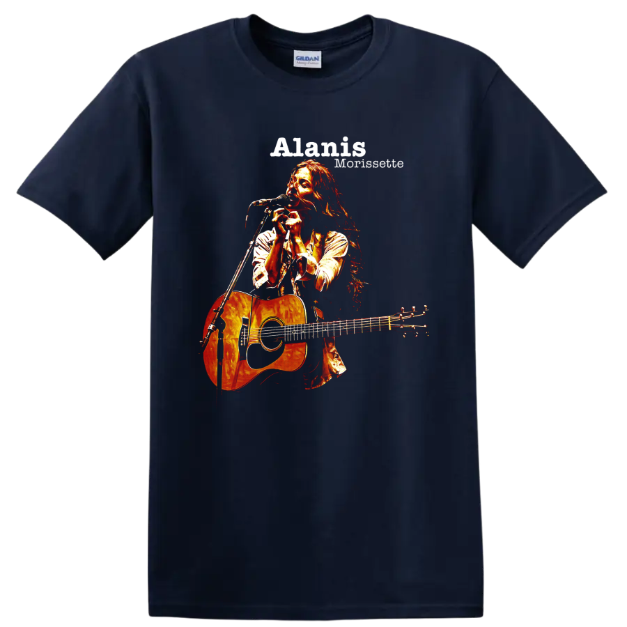 Alanis Morissette singing with acoustic guitar, distressed rock graphic on a Navy (Blue) T Shirt