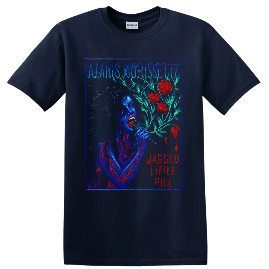 Alanis Morissette Jagged Little Pill distressed floral rock graphic on a Navy (Blue) T Shirt