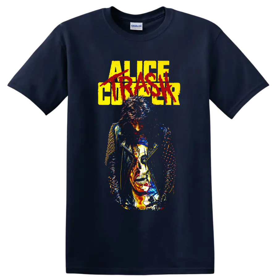 Alice Cooper gothic rock portrait with distressed lettering and skull graphic on a Navy (Blue) T Shirt
