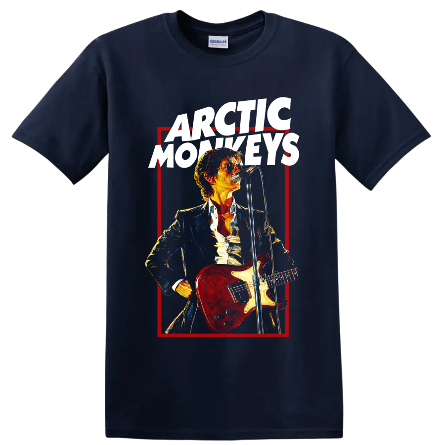 Arctic Monkeys guitarist graphic with red electric guitar and microphone on a Navy (Blue) T Shirt