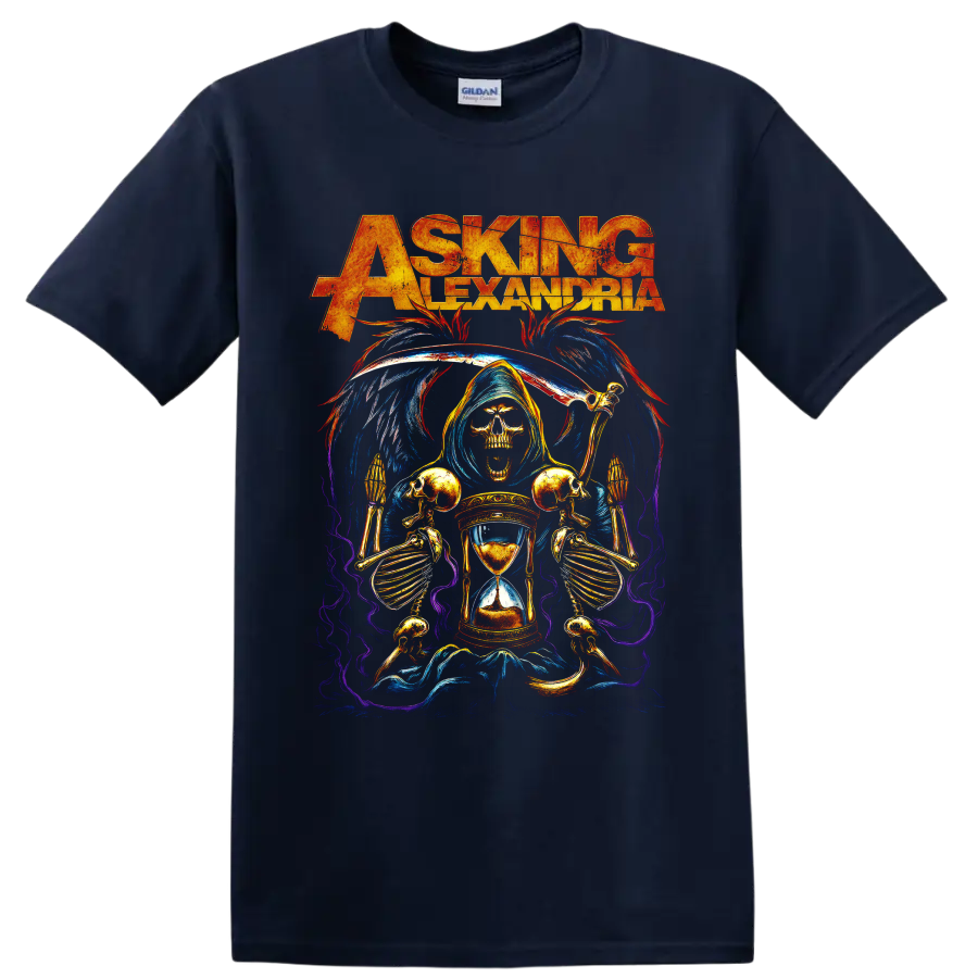 Asking Alexandria grim reaper hourglass metalcore graphic on a Navy (Blue) T Shirt