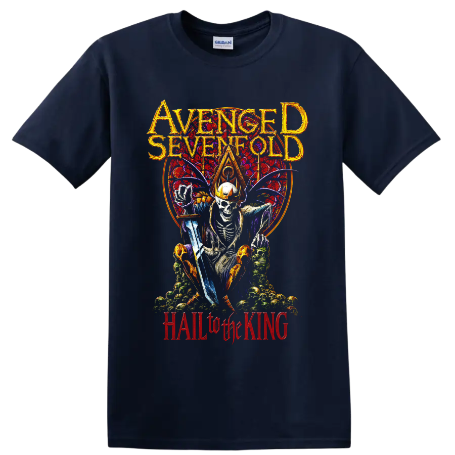 Avenged Sevenfold crowned skeleton gothic metal artwork with Hail to the King text on a Navy (Blue) T Shirt