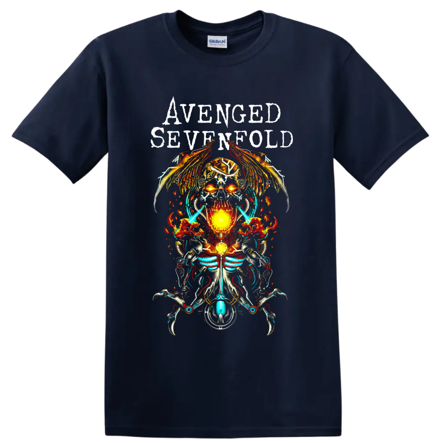 Avenged Sevenfold fiery cyborg skull metal graphic on a Navy (Blue) T Shirt