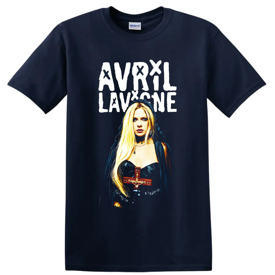 Avril Lavigne gothic portrait graphic with red cross and distressed lettering on a Navy (Blue) T Shirt