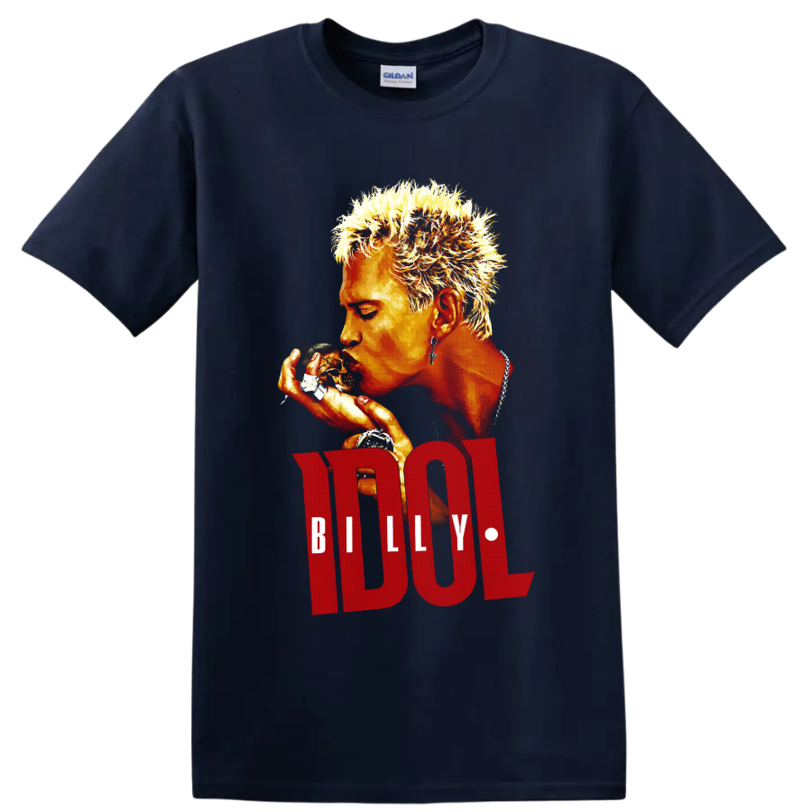 Billy Idol punk rock portrait graphic with bold red lettering on a Navy (Blue) T Shirt