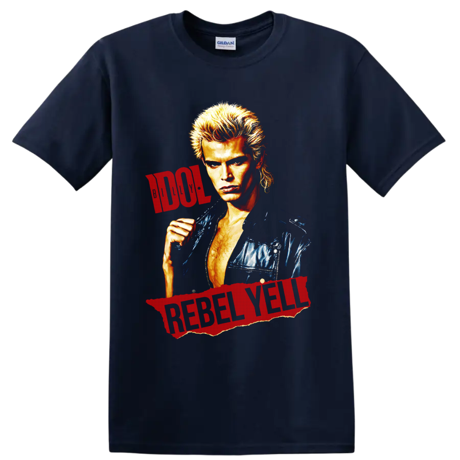 Billy Idol portrait with distressed red Rebel Yell lettering on a Navy (Blue) T Shirt