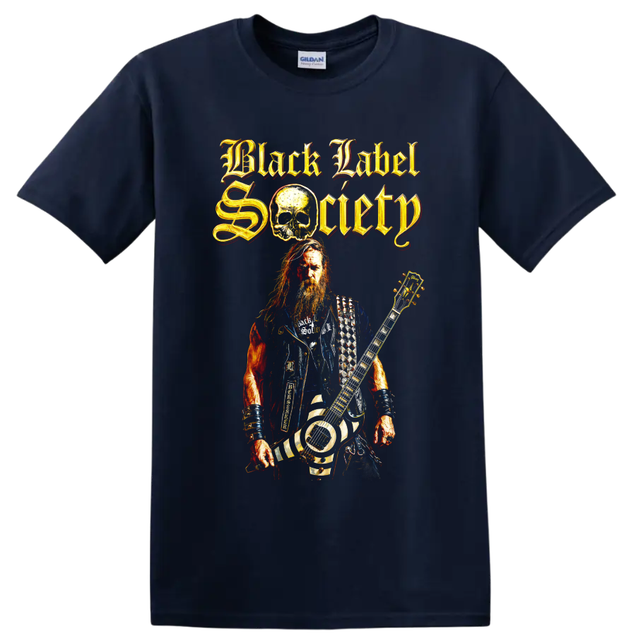 Black Label Society guitarist and skull heavy metal graphic with gothic lettering on a Navy (Blue) T Shirt