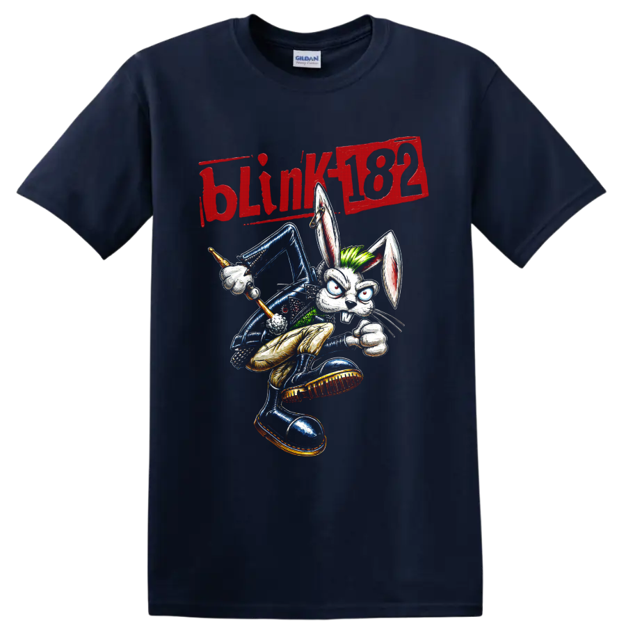 Blink-182 rabbit drummer punk rock cartoon graphic with distressed lettering on a Navy (Blue) T Shirt