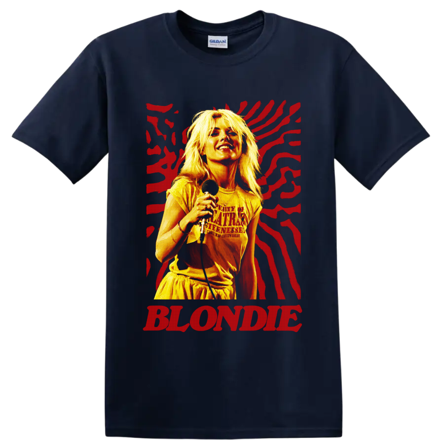 Blondie singer with microphone and red graphic stripes on a Navy (Blue) T Shirt