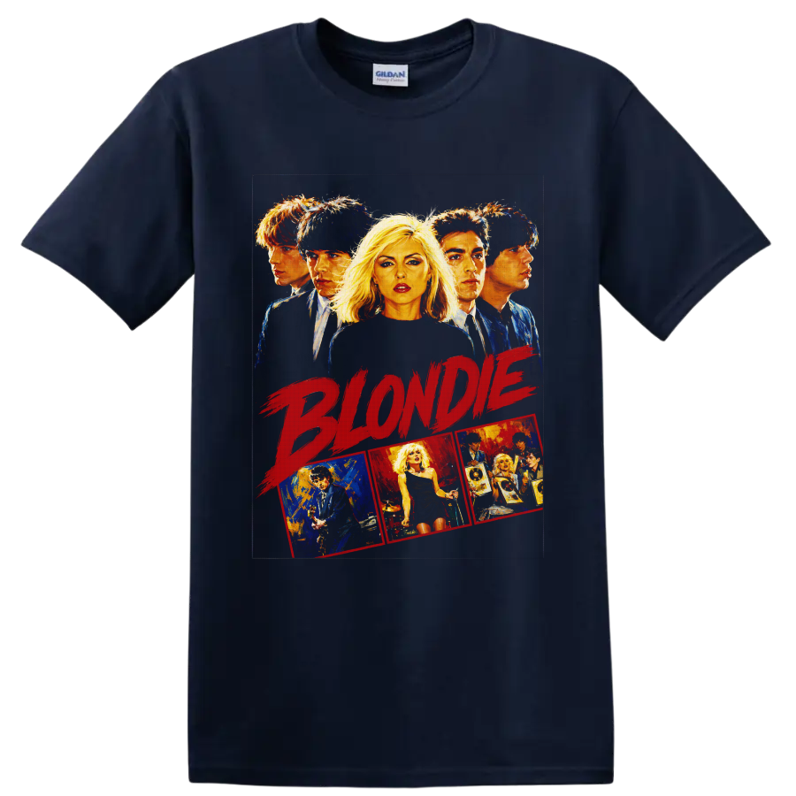 Blondie retro rock band portrait collage with bold red lettering on a Navy (Blue) T Shirt