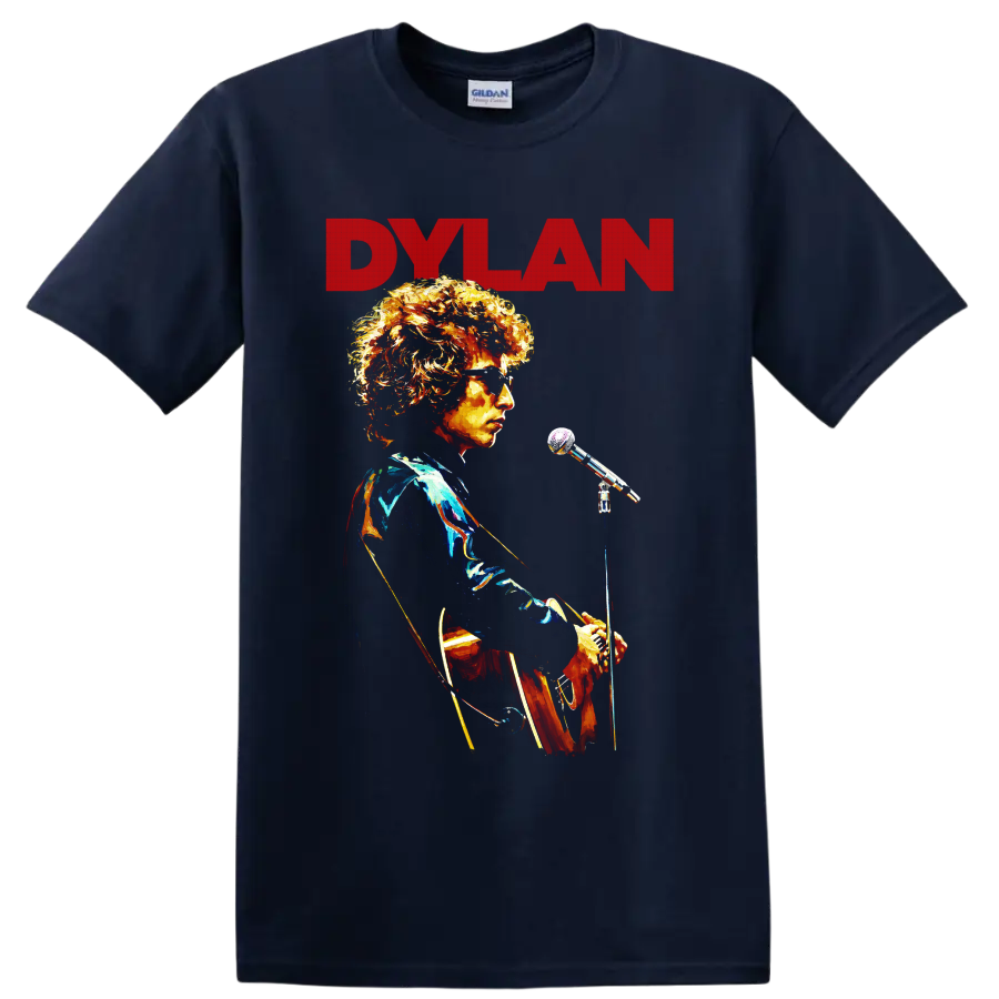 Bob Dylan folk rock performance portrait with DYLAN text on a Navy (Blue) T Shirt