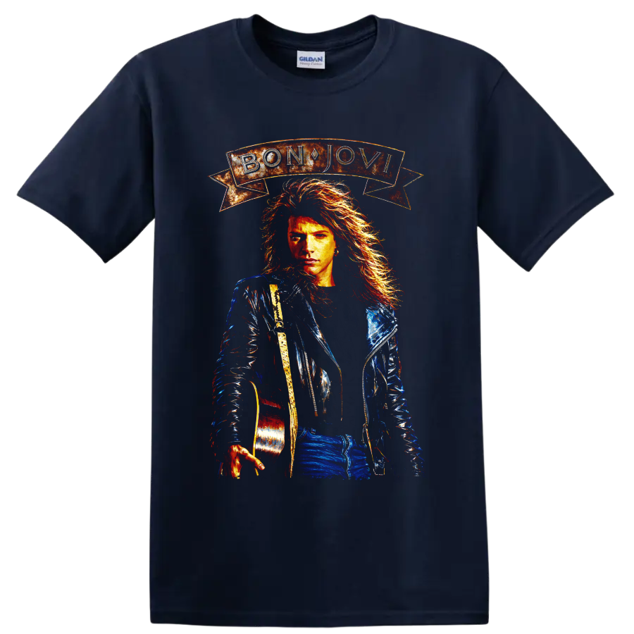 Bon Jovi guitarist portrait with banner and vintage rock artwork on a Navy (Blue) T Shirt