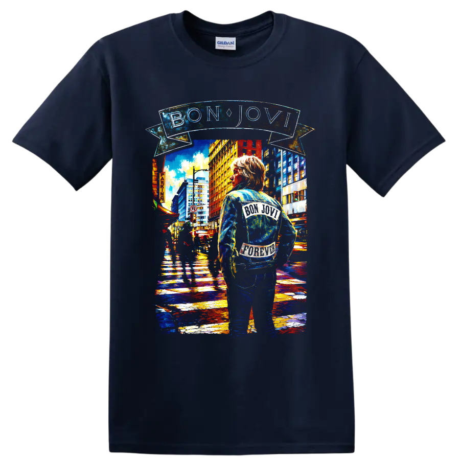 Bon Jovi urban street art design with BON JOVI banner and denim-jacketed figure on a Navy (Blue) T Shirt