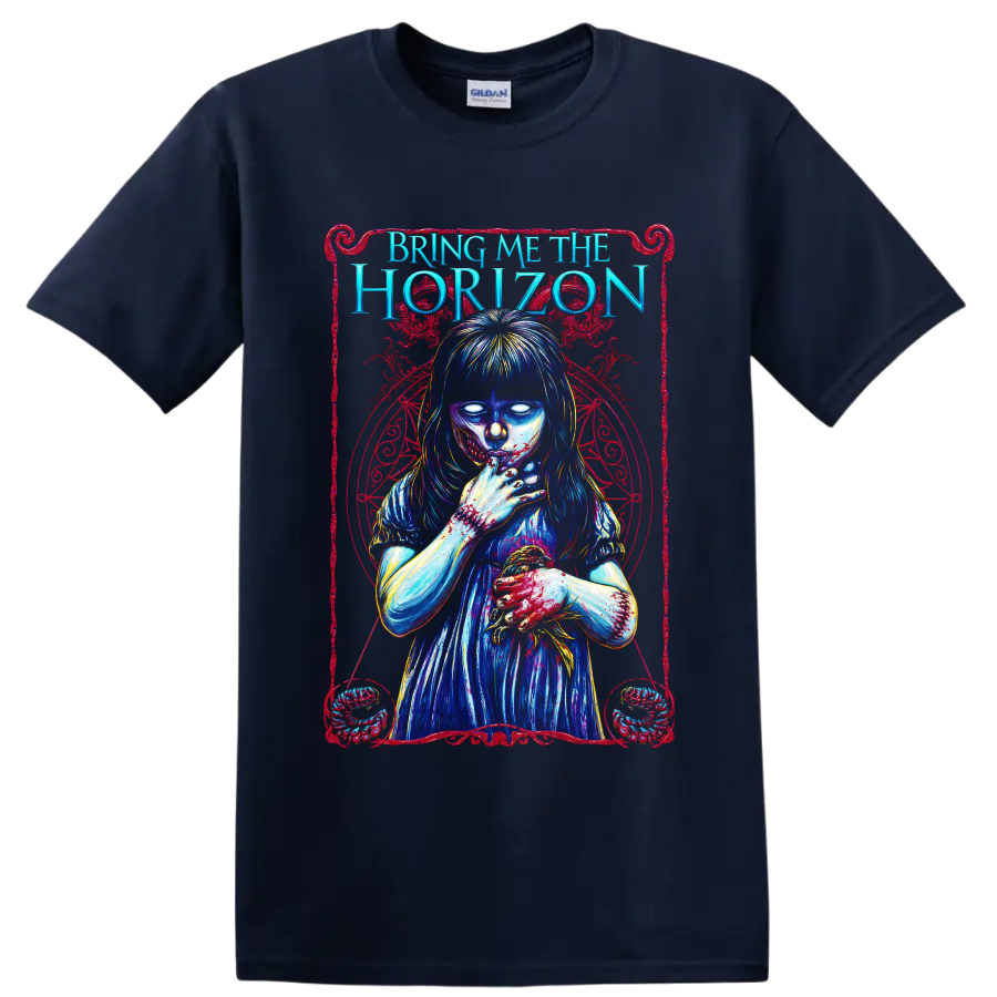 Bring Me the Horizon gothic horror girl graphic with blue and red artwork on a Navy (Blue) T Shirt