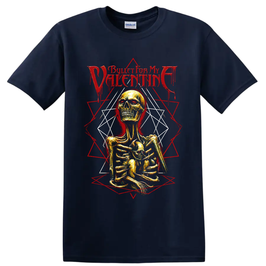 Bullet for My Valentine gothic skeleton graphic with red geometric linework on a Navy (Blue) T Shirt