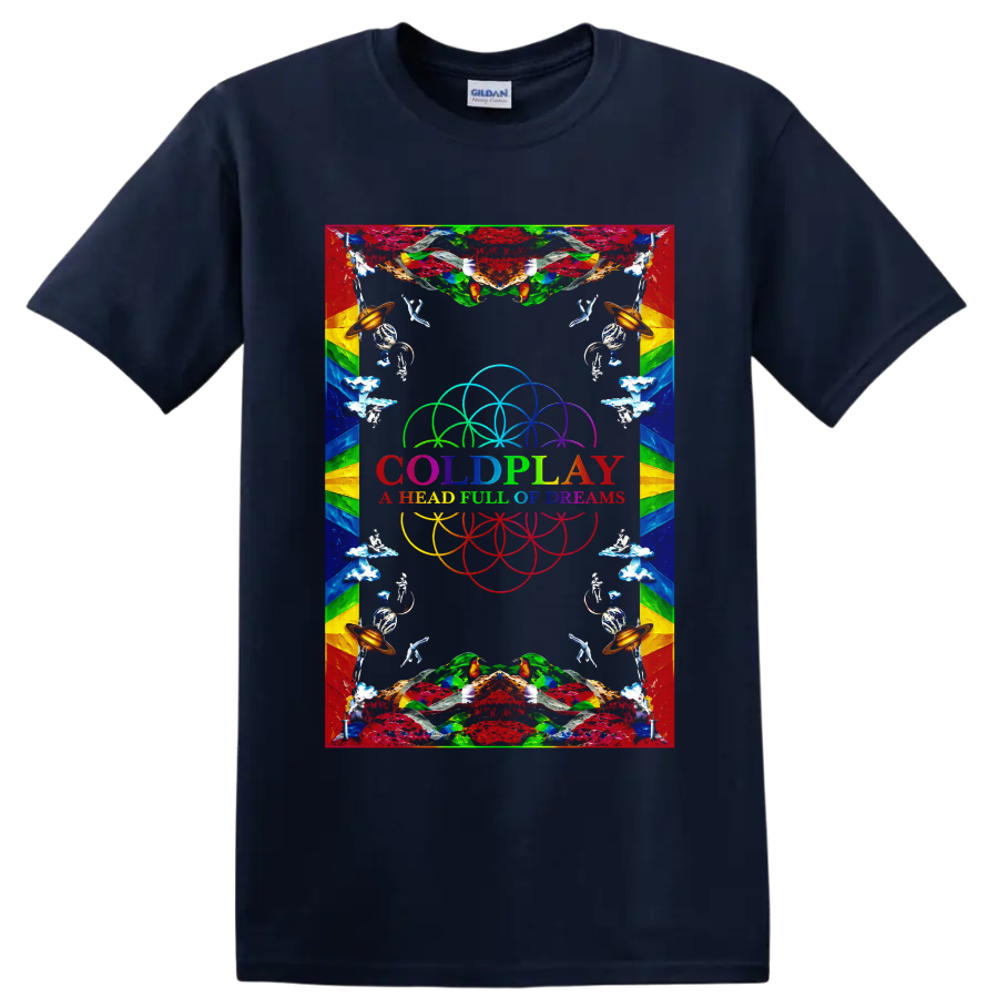 Coldplay psychedelic rainbow dream symbols graphic with band text on a Navy (Blue) T Shirt