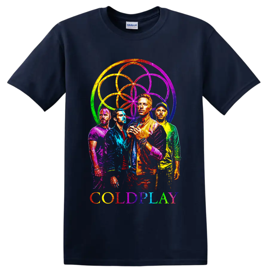 Coldplay band portraits with colorful rainbow circular graphic and logo on a Navy (Blue) T Shirt
