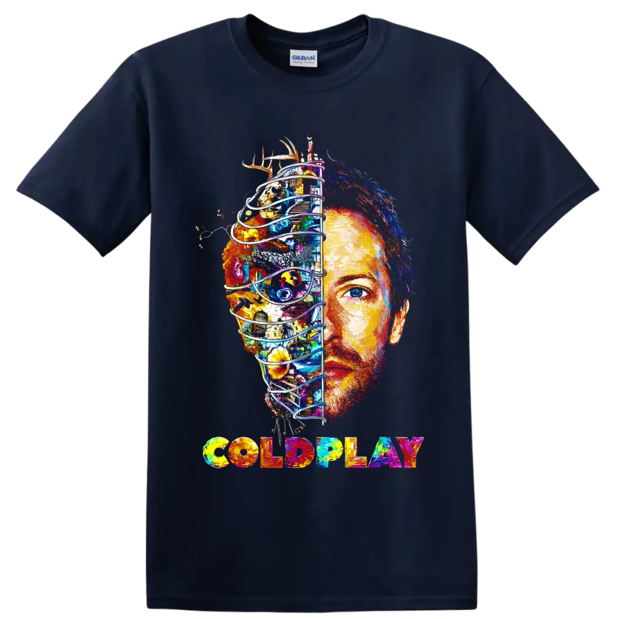 Coldplay colorful split-face portrait graphic with multicolored band lettering on a Navy (Blue) T Shirt