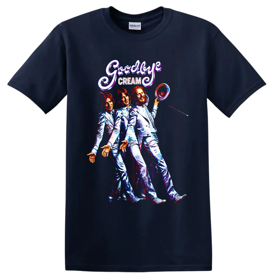 Cream rock band vintage Goodbye concert graphic with three performers on a Navy (Blue) T Shirt