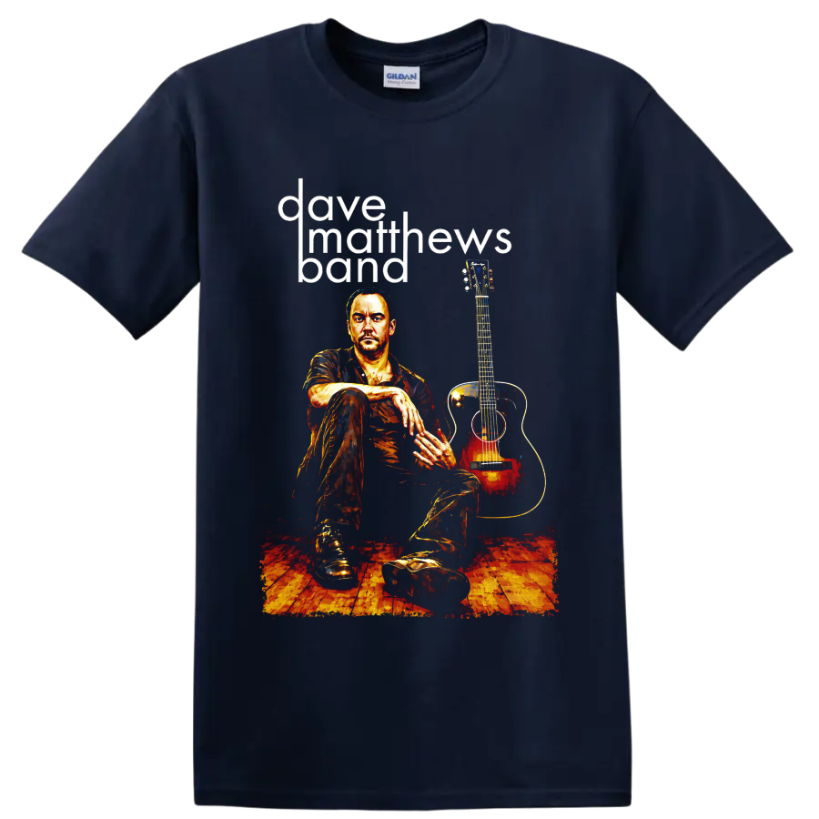Dave Matthews Band guitarist with acoustic guitar and bold lettering on a Navy (Blue) T Shirt