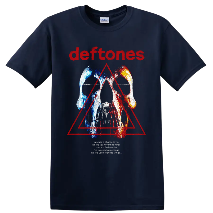 Deftones distressed skull and red triangle rock graphic with band name on a Navy (Blue) T Shirt