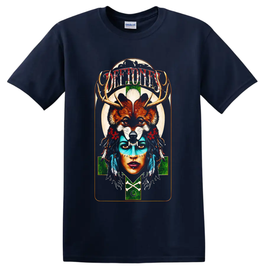 Deftones fox skull portrait graphic with antlers, feathers, and flowers on a Navy (Blue) T Shirt