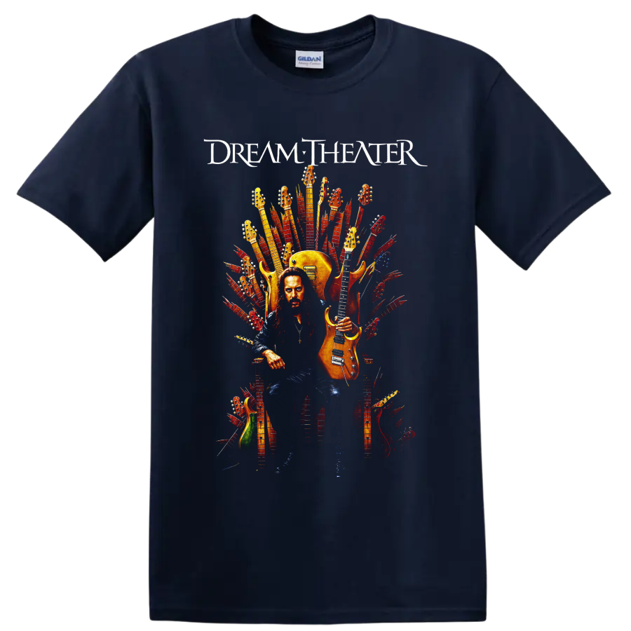 Dream Theater guitarist seated on an electric guitar throne graphic print on a Navy (Blue) T Shirt