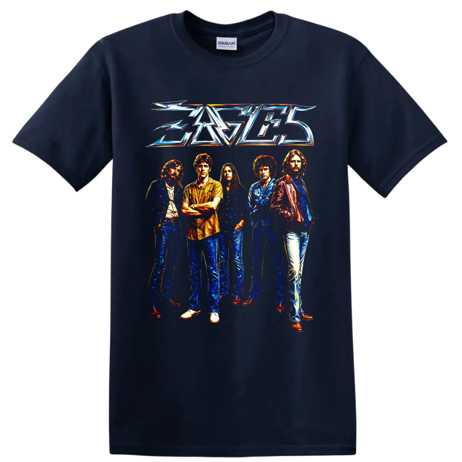 Eagles rock band five-member portrait with metallic logo graphic on a Navy (Blue) T Shirt
