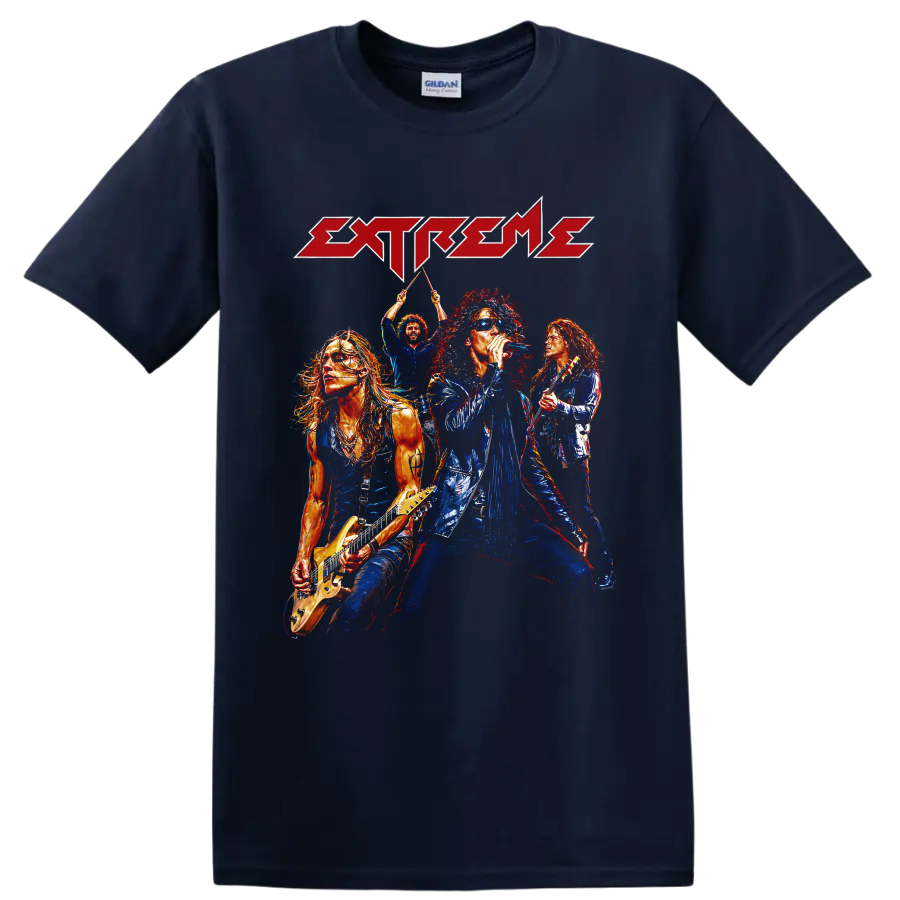 Extreme rock band concert graphic with singer, guitarists, drummer, and logo on a Navy (Blue) T Shirt
