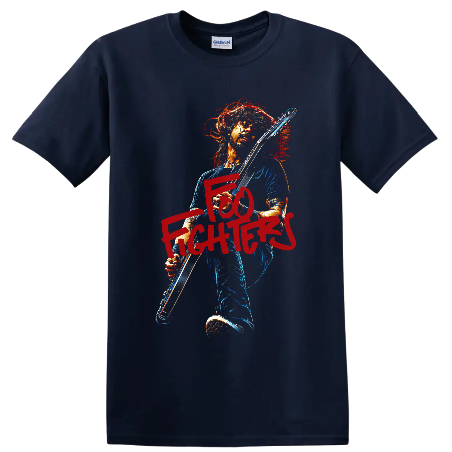 Foo Fighters guitarist rock artwork with bold red lettering on a Navy (Blue) T Shirt