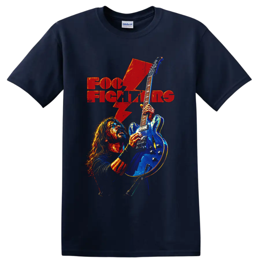 Foo Fighters guitarist with blue electric guitar, red lightning bolt, and band text on a Navy (Blue) T Shirt