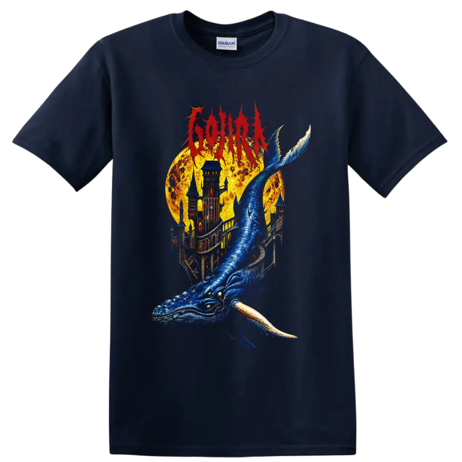 Gojira metal graphic with blue whale, fiery castle, and fantasy artwork on a Navy (Blue) T Shirt