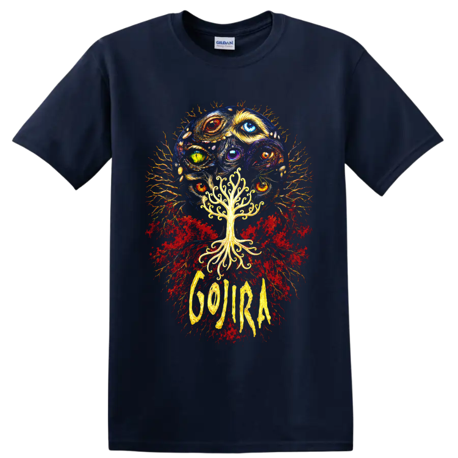 Gojira psychedelic cosmic eyes and glowing tree graphic print on a Navy (Blue) T Shirt
