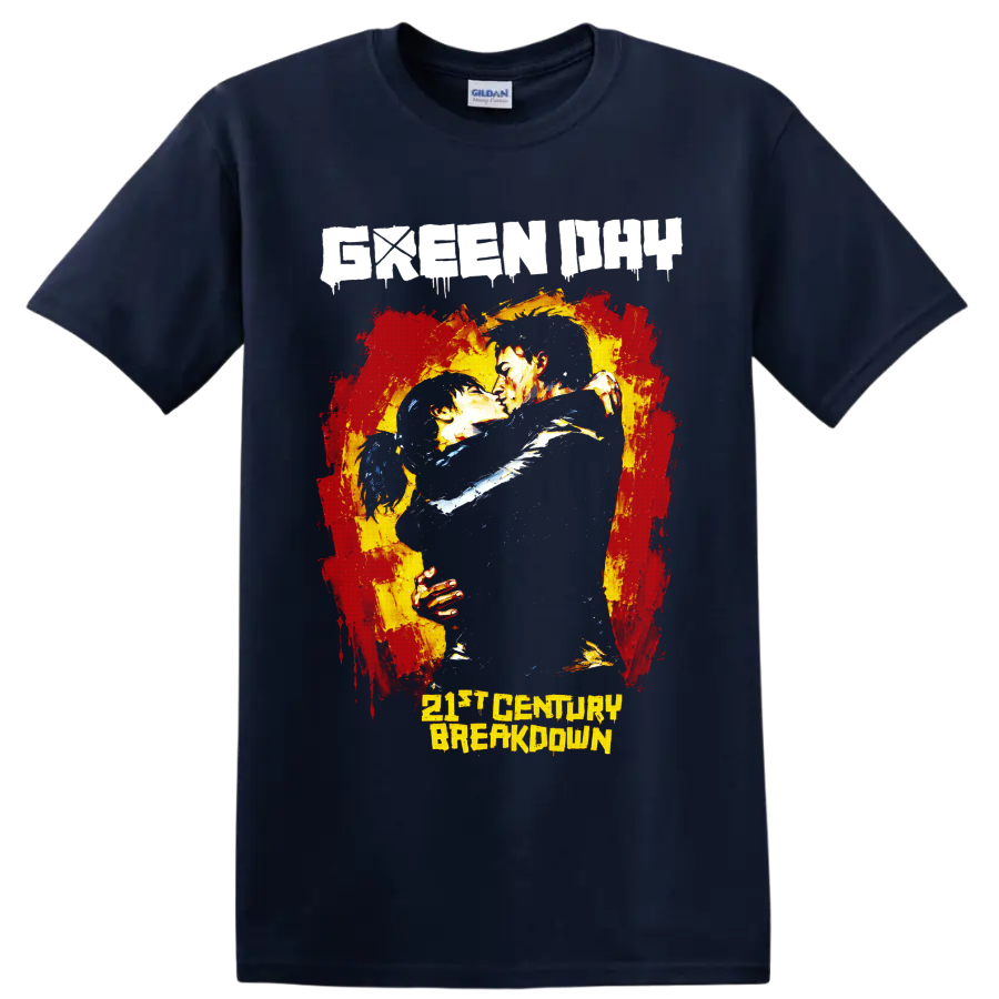 Green Day 21st Century Breakdown distressed punk rock embracing couple graphic on a Navy (Blue) T Shirt
