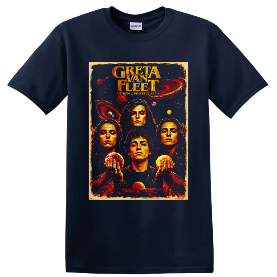 Greta Van Fleet psychedelic cosmic rock poster with four portraits on a Navy (Blue) T Shirt