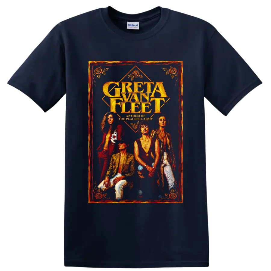 Greta Van Fleet vintage rock band portrait graphic with gold lettering on a Navy (Blue) T Shirt
