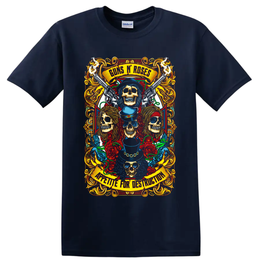 Guns N' Roses skull, revolvers, roses, and ornate gothic rock graphic on a Navy (Blue) T Shirt