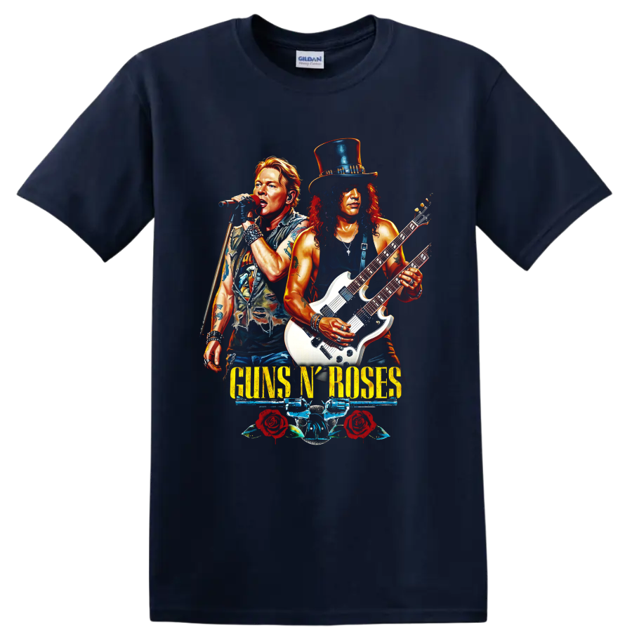 Guns N' Roses rock band graphic with singer, guitarist, roses, and pistols on a Navy (Blue) T Shirt