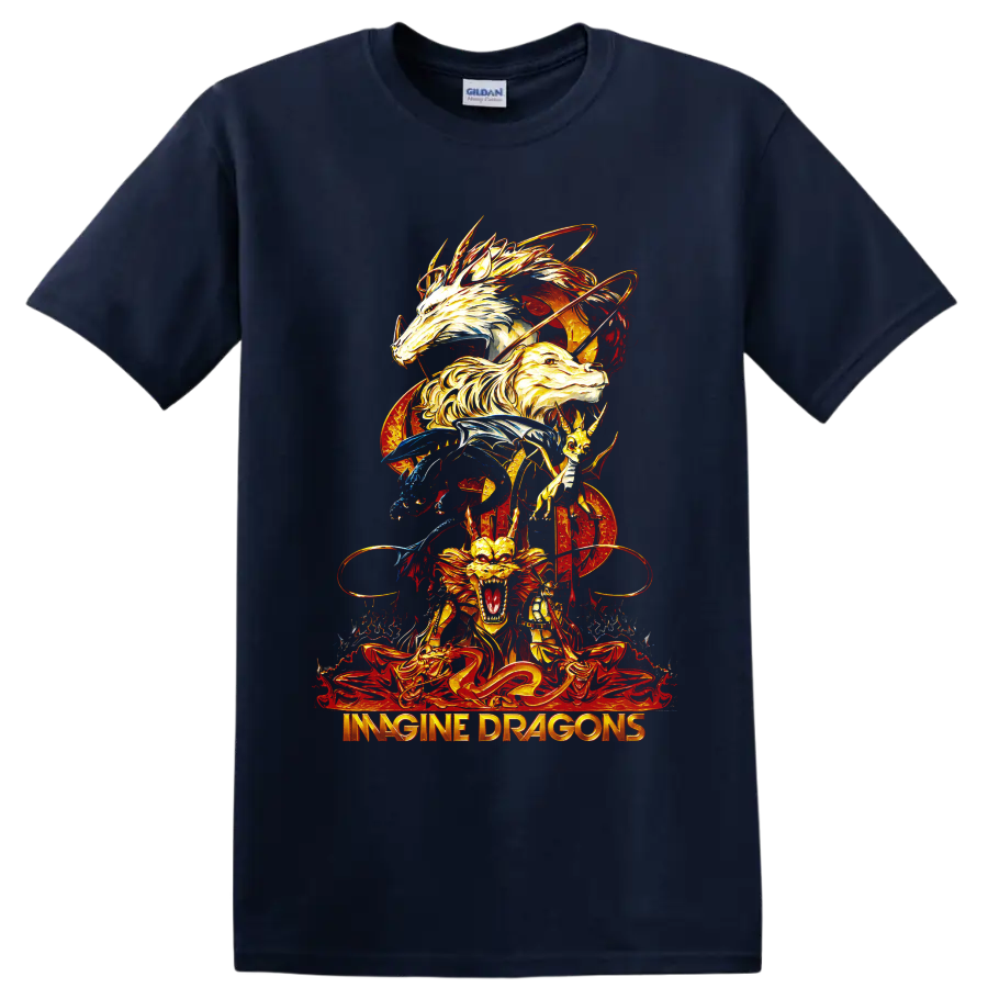 Imagine Dragons fantasy dragon artwork with fiery stacked dragons on a Navy (Blue) T Shirt