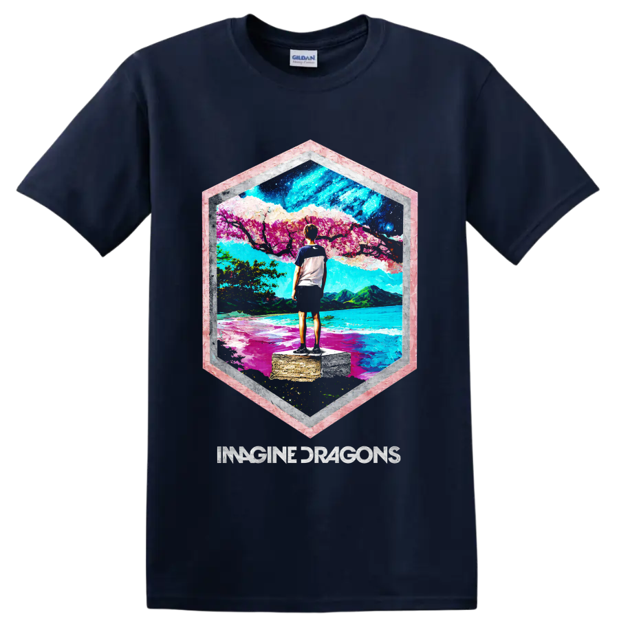 Imagine Dragons colorful mountain lake landscape graphic with band text on a Navy (Blue) T Shirt