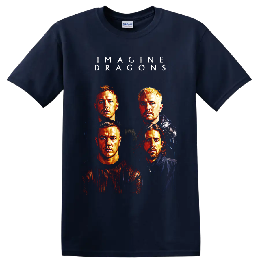 Imagine Dragons four-portrait rock band graphic with white lettering on a Navy (Blue) T Shirt