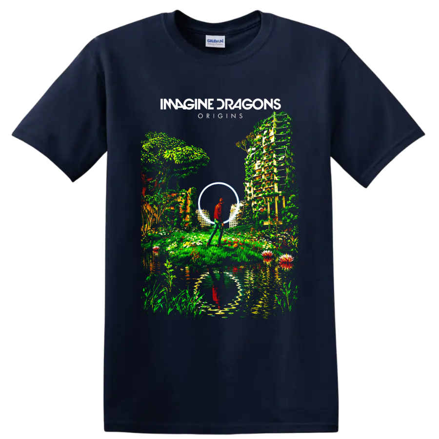 Imagine Dragons Origins surreal garden portal graphic with lone figure on a Navy (Blue) T Shirt
