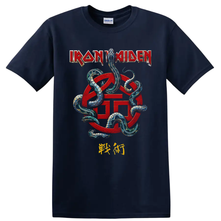 Iron Maiden logo with red emblem and intertwined serpent graphic on a Navy (Blue) T Shirt