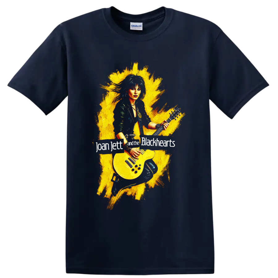 Joan Jett rock guitarist with yellow electric guitar graphic on a Navy (Blue) T Shirt