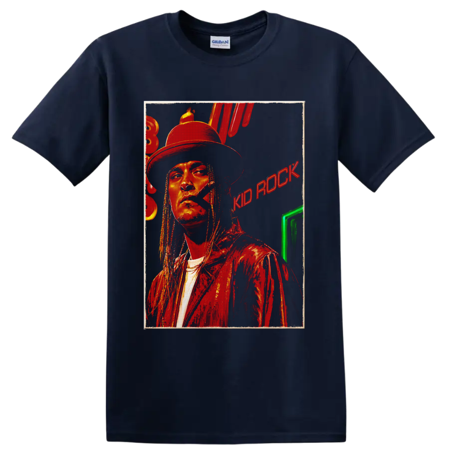 Kid Rock portrait in cowboy hat with distressed red rock graphic style on a Navy (Blue) T Shirt