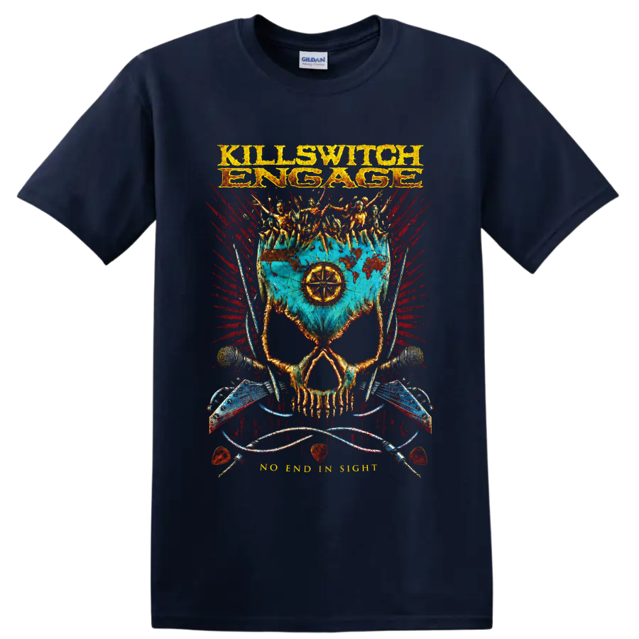 Killswitch Engage skull battle flag metalcore graphic with armored figures on a Navy (Blue) T Shirt